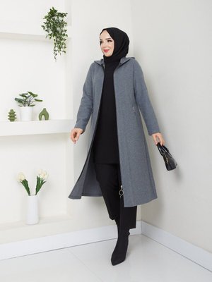 Fermuarlı Kapüşonlu Cepli Kaşe