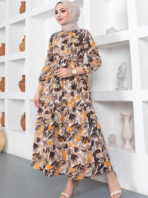 Desenli Elbise Kahverengi