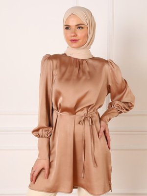 Saten Balon Kol Tunik Vizon