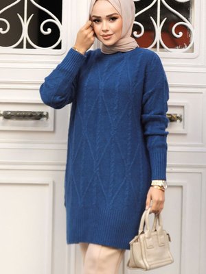 Baklava Desenli İndigo Mavisi Triko Tunik Kazak