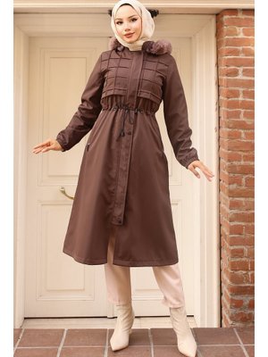 Kahverengi İçi Peluşlu Yakası Kürklü Bondit Mont
