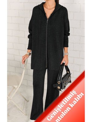 Simli Merserize Gri Sim Siyah Triko Pantolonlu Hırka Takım