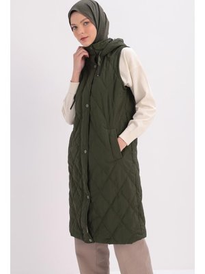 Haki Kapüşonlu Kapitone Yelek