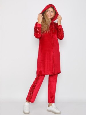 Kırmızı Pul Payetli Kadife Eşofman Takımı