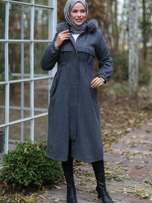 Antrasit Tünel Detaylı Kaşe Kaban