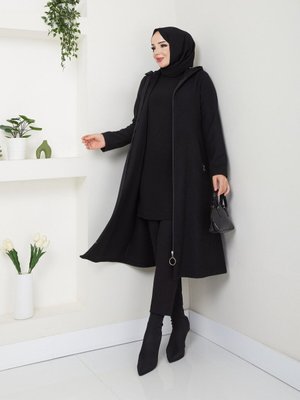 Fermuarlı Kapüşonlu Cepli Kaşe