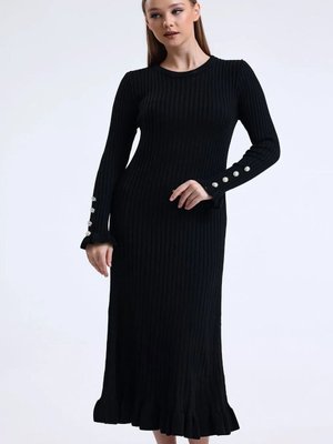 Siyah Fitilli Fırfırlı Triko Elbise