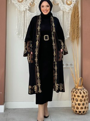 Etnik Desenli Cepli Triko Hırka Siyah