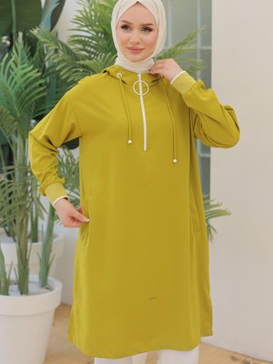 Armine Trend Kolları Ribanalı Kapüşonlu Yarım Fermuarlı Tunik Olive Armine Trend Kolları Ribanalı Kapüşonlu Yarım Fermuarlı Tunik Olive