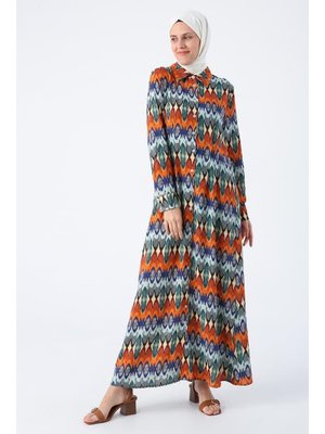 Pensli Desenli Viskon Gömlek Elbise Turuncu Saks Pensli Desenli Viskon Gömlek Elbise Turuncu Saks