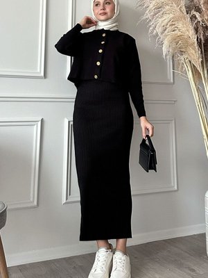 Hırkalı Fitilli İkili Siyah Triko Takım Hırkalı Fitilli İkili Siyah Triko Takım