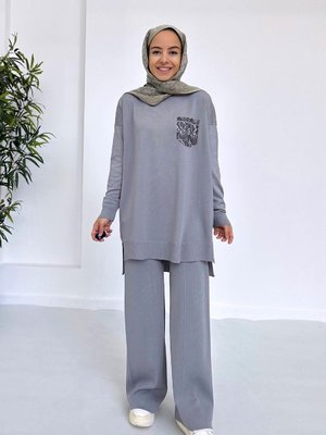 Taşlı Cep Merserize Takım Gri