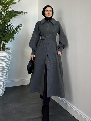 Valery Kolu Manşetli Kemerli Astarlı Kaşe Kaban Füme Valery Kolu Manşetli Kemerli Astarlı Kaşe Kaban Füme