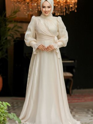 Bağlama Detaylı Krem Abiye Elbise Bağlama Detaylı Krem Abiye Elbise