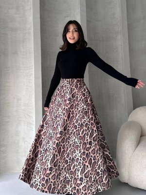 Siyah Yüksek Bel Leopar Desenli Uzun Çan Etek