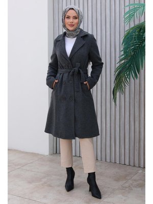 Antrasit Düğme Detaylı Kaşe Kaban