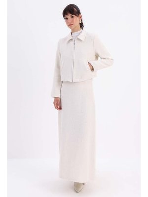 Beyaz Simli Tüvit Fermuarlı Etekli Takım