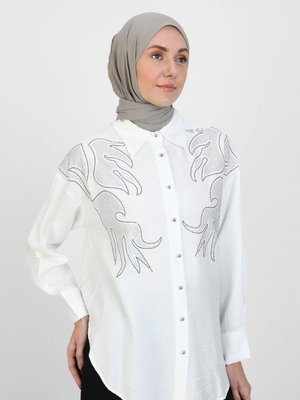 Beyaz Keten Taş Desenli Gömlek