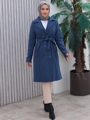 İndigo Düğme Detaylı Kaşe Kaban