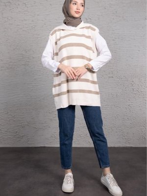 Önlük Yaka Çizgili Triko Tunik Vizon Önlük Yaka Çizgili Triko Tunik Vizon