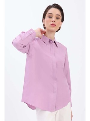 Lila Pamuklu Gizli Patlı Gömlek