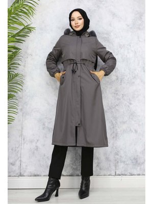 Antrasit İçi Peluşlu Yakası Kürklü Bondit Mont