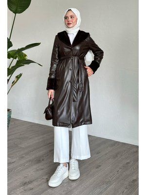 Kürk Detaylı Acı Kahve Deri Trençkot