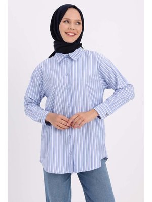 Arkası Yırtmaçlı Aparturalı Çizgili Gömlek Koyu Mavi Beyaz