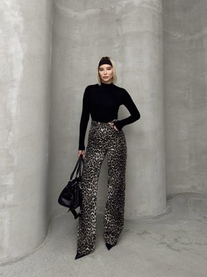 Dört Cepli Leopar Desenli Jean Pantolon Kahve