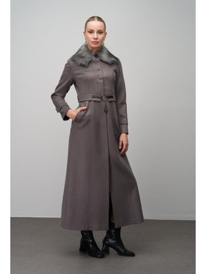 Gri Yakası Çıkabilir Kürklü Kemer Aksesuarlı Gabardin Süet Görünümlü Pardesü
