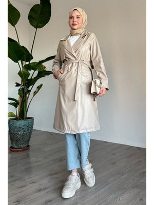 Bej Kemerli Dar Kalıp Deri Trenç