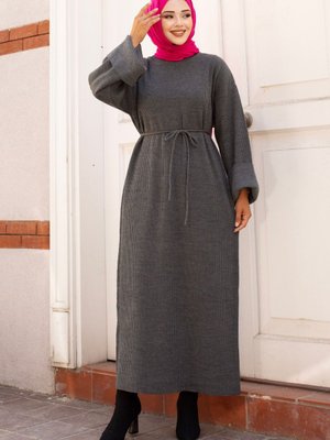 Beli İp Bağlamalı Düşük Kol Triko Elbise Füme