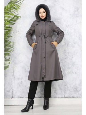 Antrasit İçi Peluşlu Yakası Kürklü Bondit Mont
