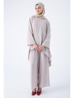 Asimetrik Kesim Tunikli Bol Paça Pantolonlu Salaş Takım Taş