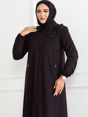 Atlas Kumaş Kapşonlu Çıtçıtlı Mevsimlik Ferace Mürdüm