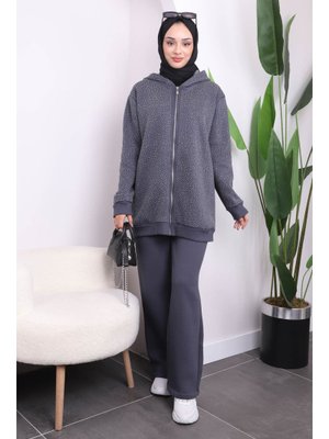 Füme Taşlı Fermuarlı Tunik Pantolonlu Takım