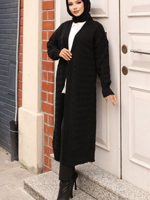 Saç Örgü Uzun Triko Hırka Siyah