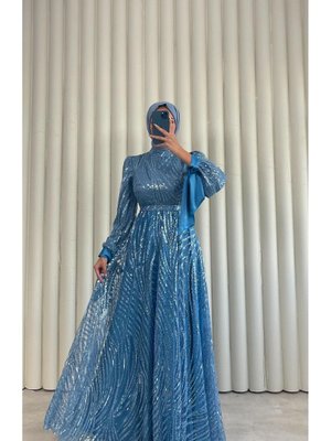 Yenı Sezon Pırıltı Desenli Kabarık Fiyonk Detatylı Tesettür Abiye Elbise