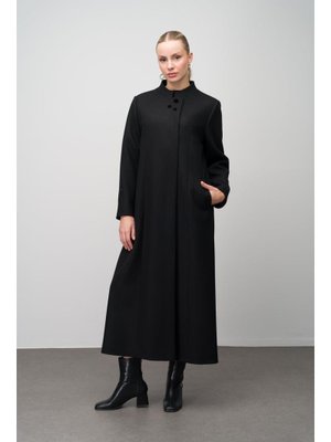 Siyah Hakim Yaka İşleme Detaylı Yün Karışımlı Büyük Beden Pardesü