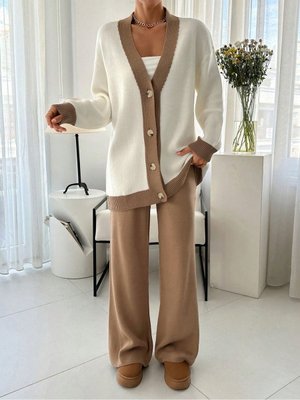 Camel Şerit Detaylı Hırka Pantolon Triko Takım