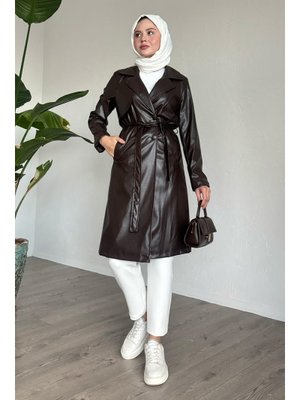 Acı Kahve Kemerli Dar Kalıp Deri Trenç