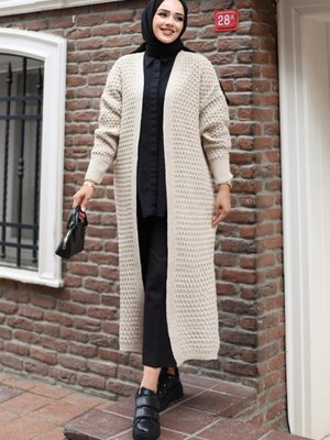 Oversize Petek Örgü Detaylı Kolu Lastikli Trend Uzun Triko Hırka