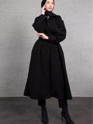 Balon Kol Ceket Yaka Kaşe Kaban Siyah