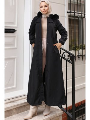 Siyah İçi Peluşlu Yakası Kürklü Uzun Bondit Mont