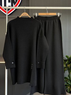Siyah Standart Triko Fitilli Düğme Detalı İkili Tunik Pantolon Takım
