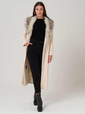 Çıkabilen Kürklü Beli Bağlamalı Uzun Boy Kaban Ekru