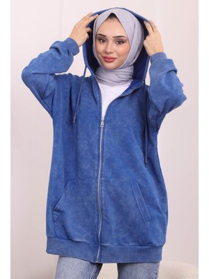 Saks Mavisi Kapüşonlu Fermuarlı Cepli Sweatshirt Saks Mavisi Kapüşonlu Fermuarlı Cepli Sweatshirt