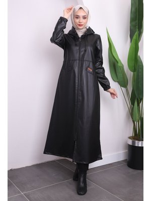 Siyah Kapüşonlu Cepli Deri Kap Siyah Kapüşonlu Cepli Deri Kap