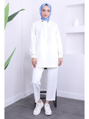 Beyaz Tunik Pantolon Scuba Takım