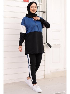 Saks Mavisi Çift Renkli Kapüşonlu Fermuar Detay Tunik Pantolon İkili Takım Saks Mavisi Çift Renkli Kapüşonlu Fermuar Detay Tunik Pantolon İkili Takım